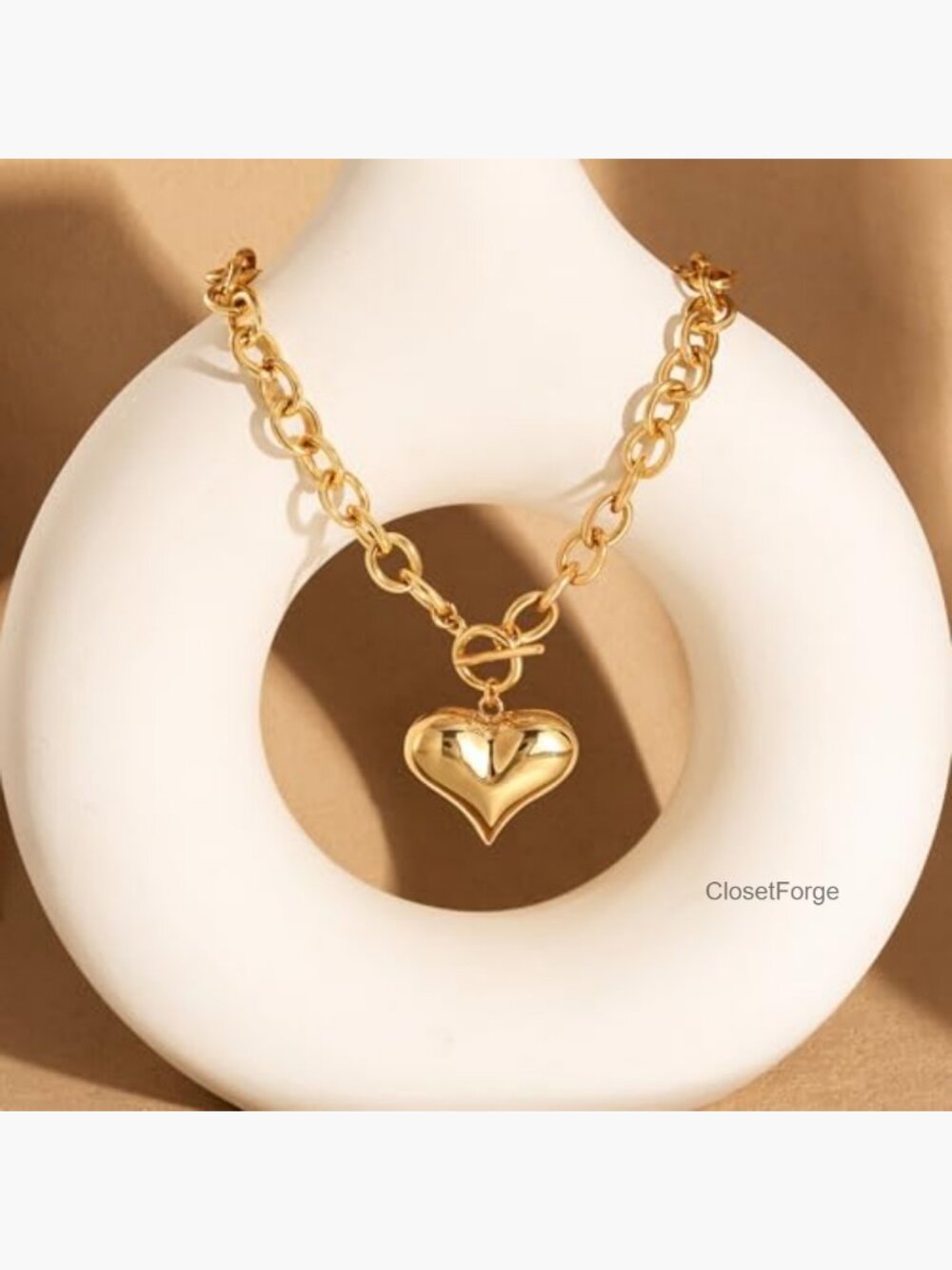 14K Gold Plated Chunky Heart Pendant Necklace with Toggle Clasp Hypoallergenic - Picture 6 of 7